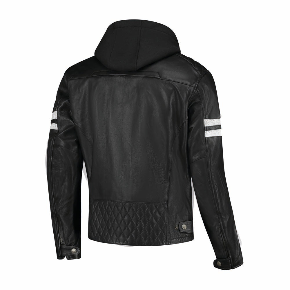 Rusty Stitches Jari Hooded V2 Leather Motorcycle Jacket AA Protection Black White