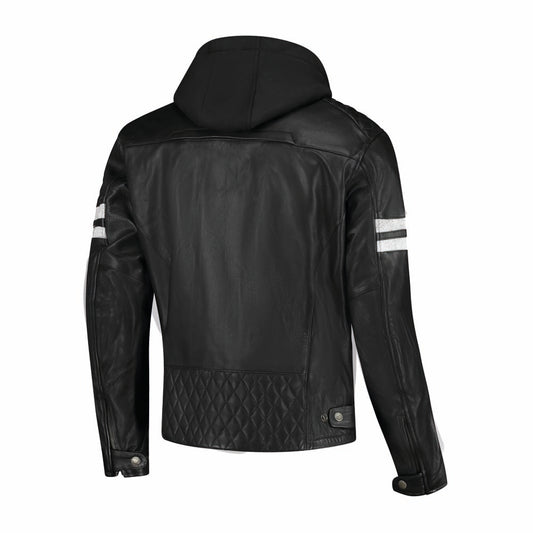 Rusty Stitches Jari Hooded V2 Leather Motorcycle Jacket AA Protection Black White