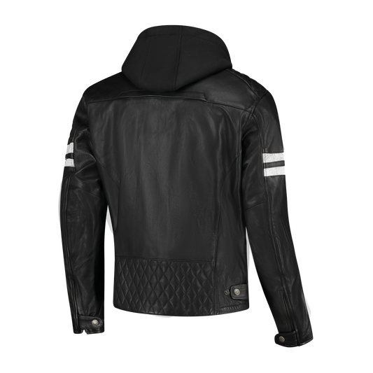 Rusty Stitches Jari Hooded V2 Leather Motorcycle Jacket Black White AA With Protection