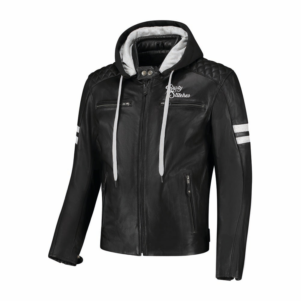 Rusty Stitches Jari Hooded V2 Leather Motorcycle Jacket AA Protection Black White