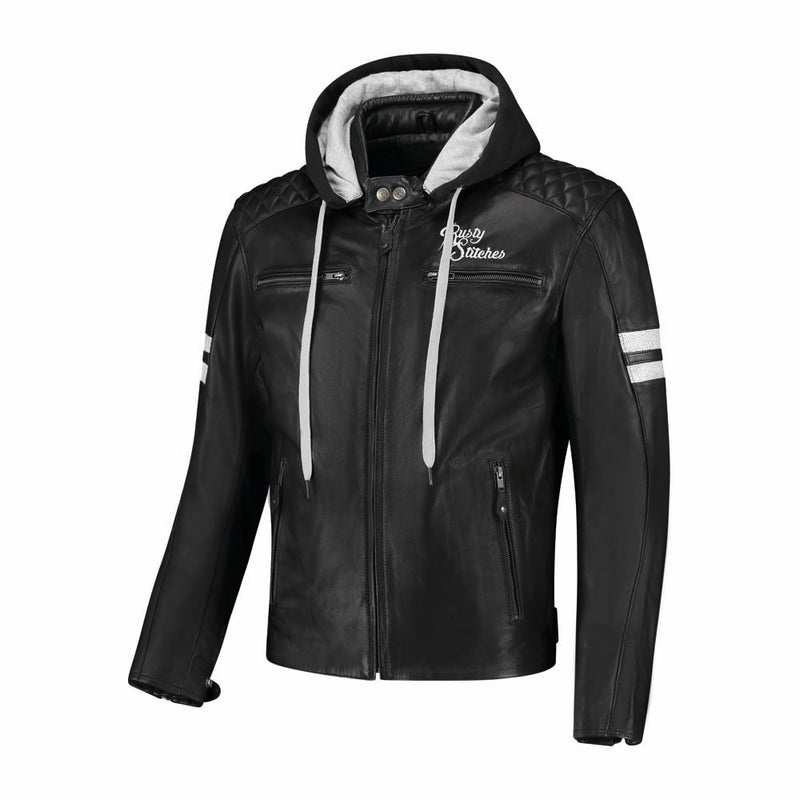 Rusty Stitches Jari Hooded V2 Leather Motorcycle Jacket AA Protection Black White