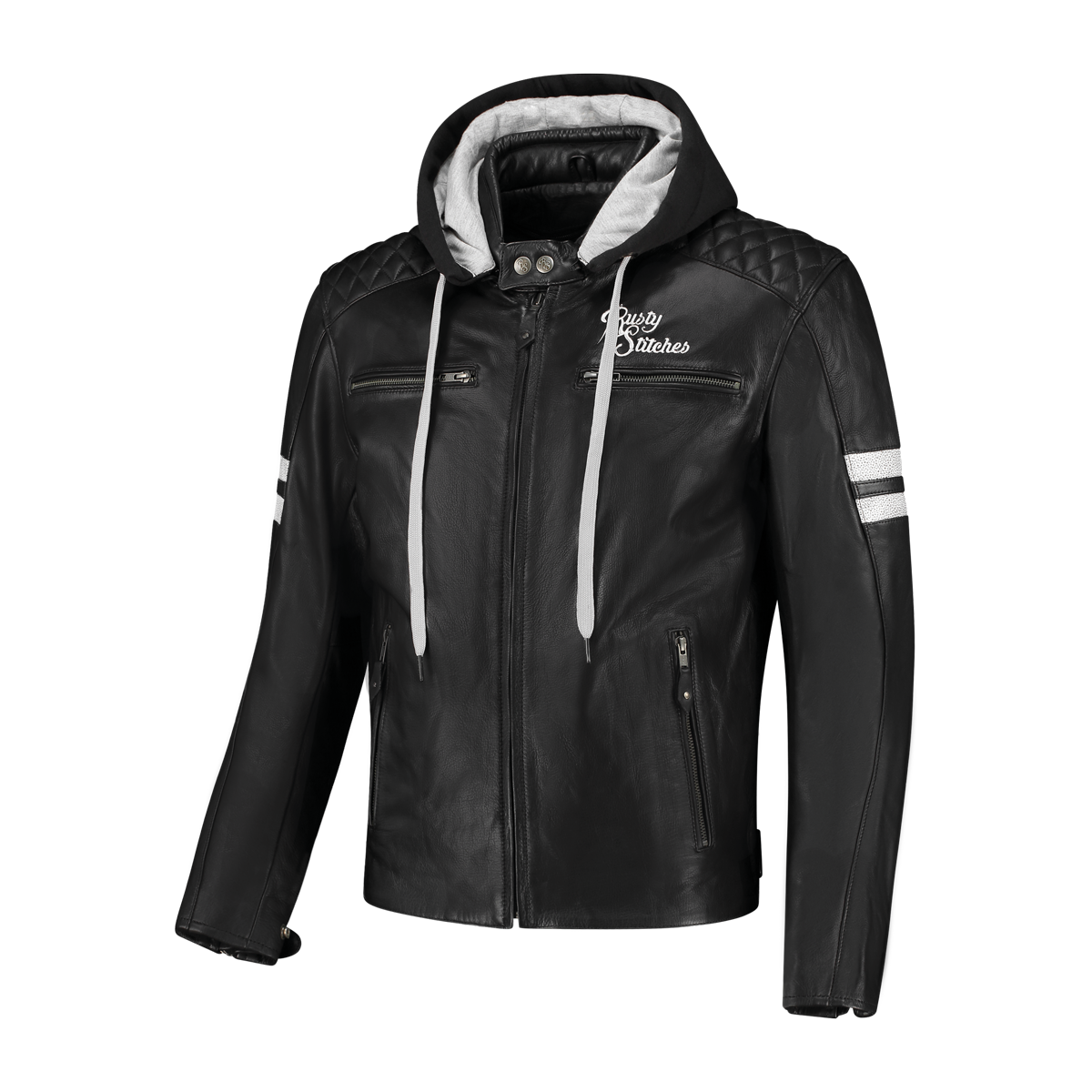 Rusty Stitches Jari Hooded V2 Leather Motorcycle Jacket Black White AA With Protection