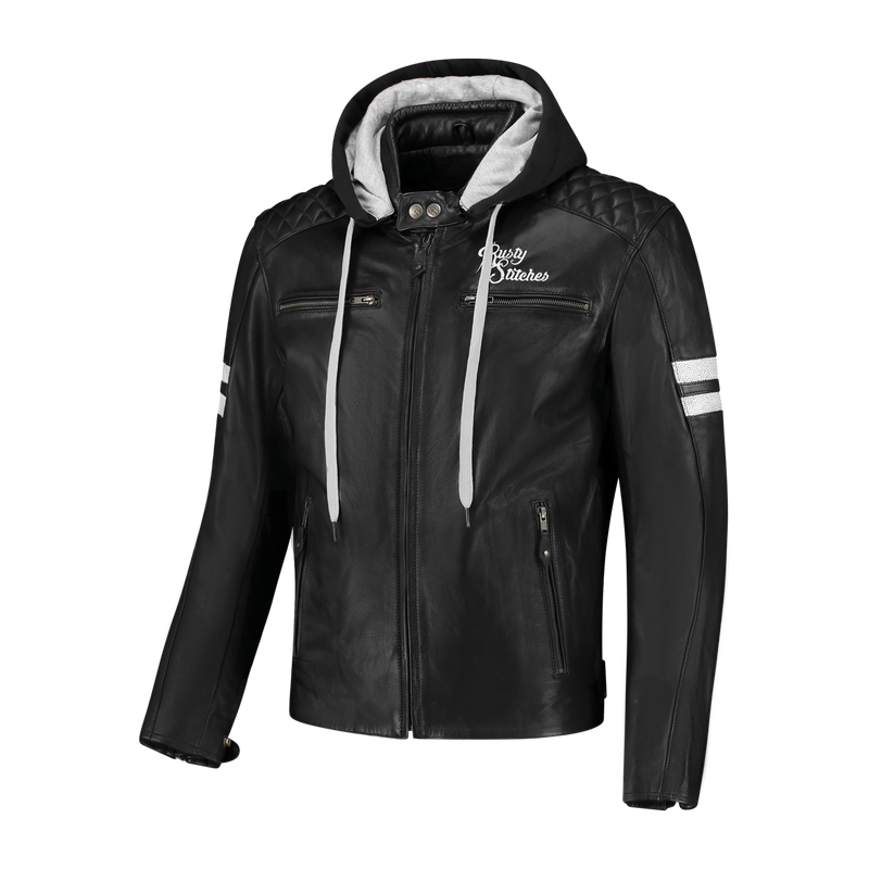 Rusty Stitches Jari Hooded V2 Leather Motorcycle Jacket Black White AA With Protection