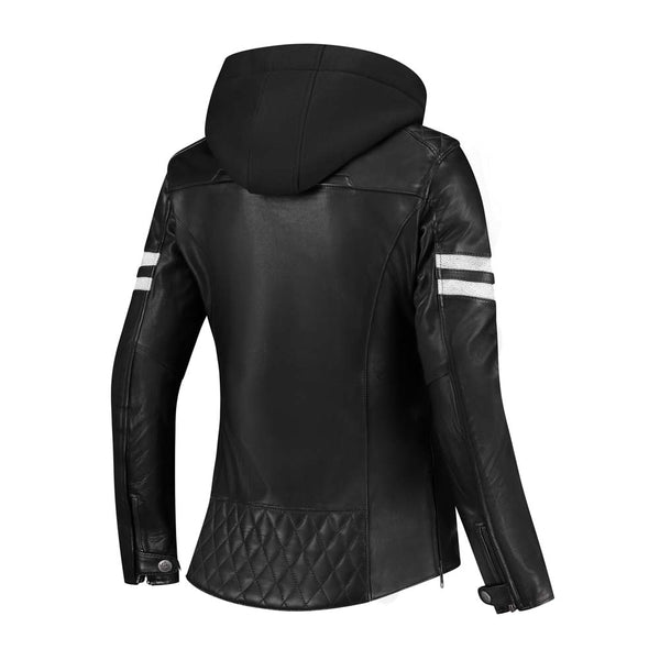 Rusty Stitches Joyce V2 Hooded Dames Leren Motorjas Zwart Wit AA Protectie