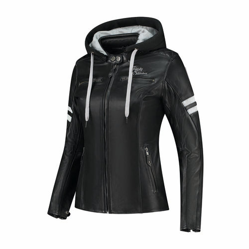 Rusty Stitches Joyce V2 Hooded Dames Leren Motorjas Zwart Wit AA Protectie