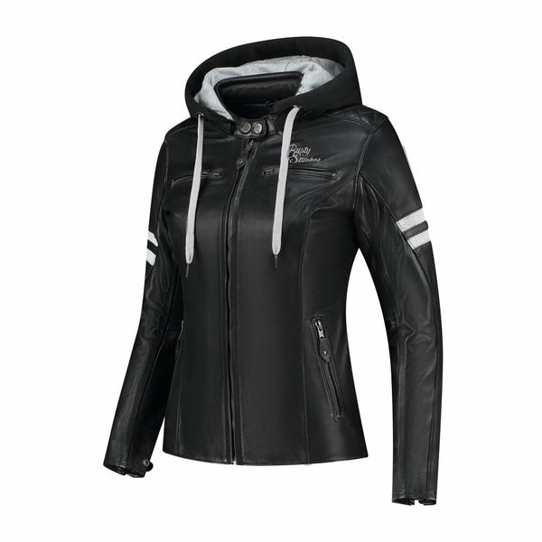 Rusty Stitches Joyce V2 Hooded Dames Leren Motorjas Zwart Wit AA Protectie