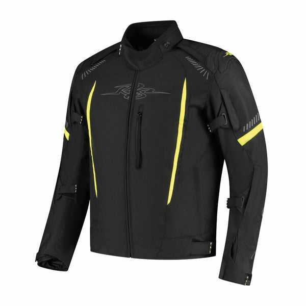 Rusty Stitches Pete Motorradjacke Schwarz Gelb Fluo AA Wasserdicht Sport Mit Protektoren