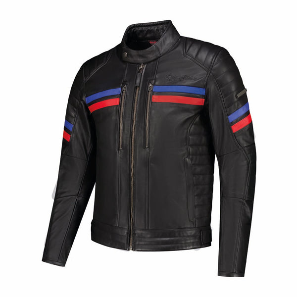 Rusty Stitches Steve Leder Motorradjacke Schwarz Rot Blau AA Retro Race mit Protektoren
