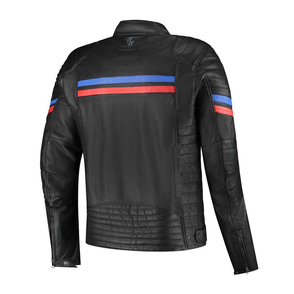 Rusty Stitches Steve Leder Motorradjacke Schwarz Rot Blau AA Retro Race mit Protektoren