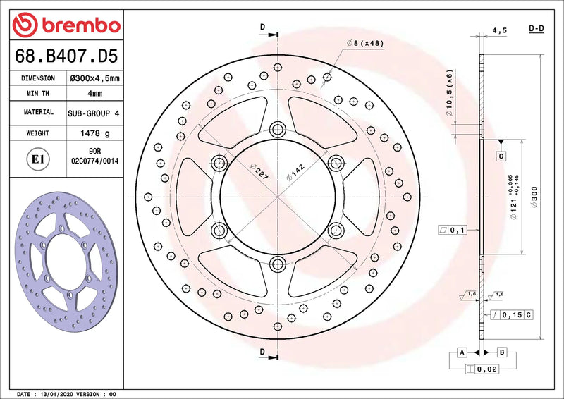 Brembo Serie Oro voorremschijf 300 x 4,5 mm Suzuki 68B407D5
