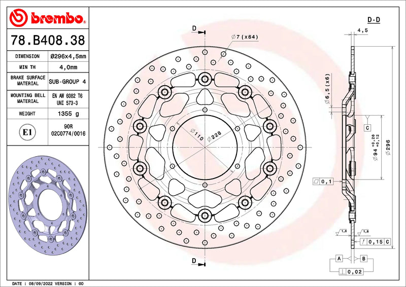 Brembo Serie Oro voorremschijf 296 x 4,5 mm Honda 78B40838