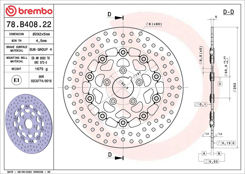 Brembo Serie Oro voorremschijf 292 x 5,0 mm Harley-Davidson 78B40822