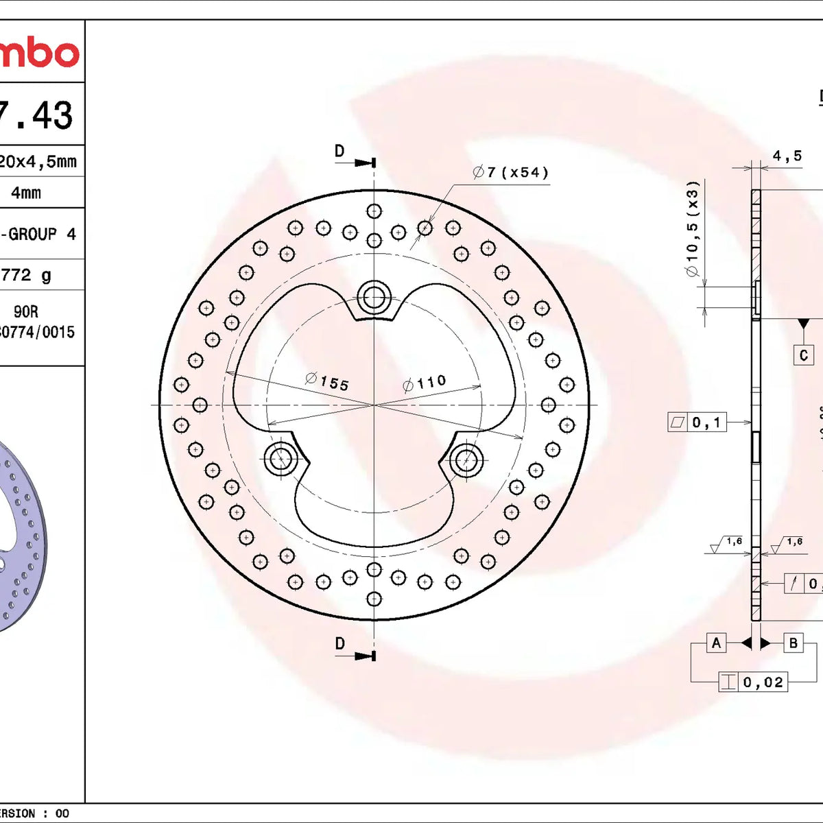Brembo Serie Oro achterremschijf 220 x 4,5 mm Honda CBR600F 1987-1990
