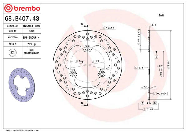Brembo Serie Oro Bremsscheibe hinten 220 x 4,5 mm Honda CBR600F 1987-1990