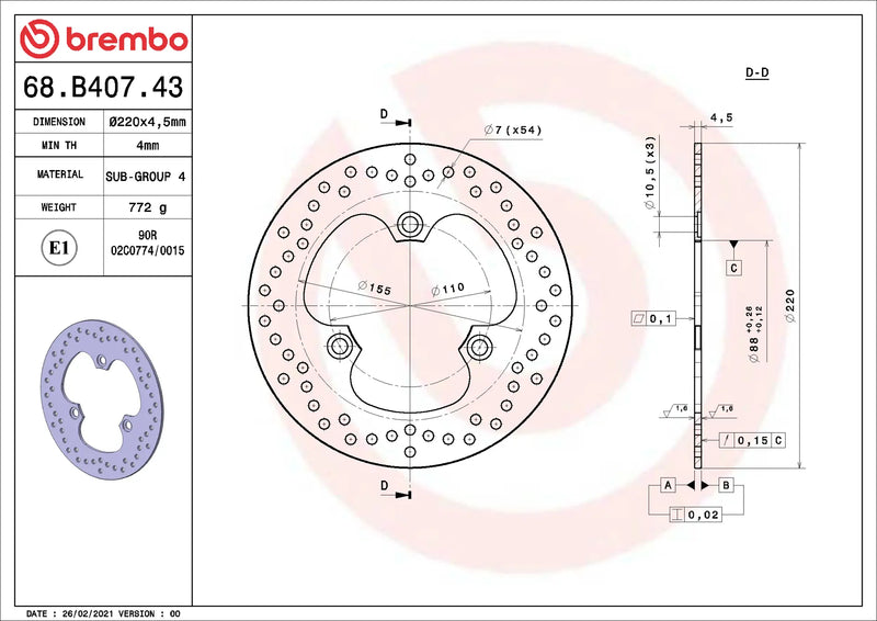 Brembo Serie Oro achterremschijf 220 x 4,5 mm Honda CBR600F 1987-1990