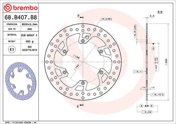 Brembo Serie Oro voorremschijf 260 x 3,5 mm 68B407B8