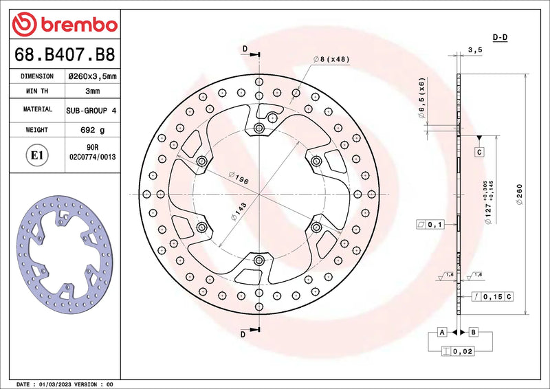 Brembo Serie Oro voorremschijf 260 x 3,5 mm 68B407B8