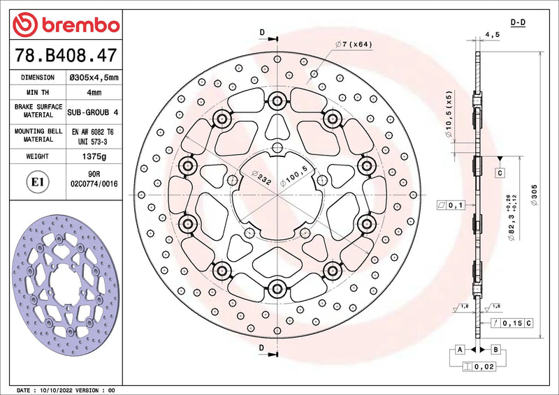 Brembo Serie Oro voorremschijf 305 x 4,5 mm Triumph 78B40847