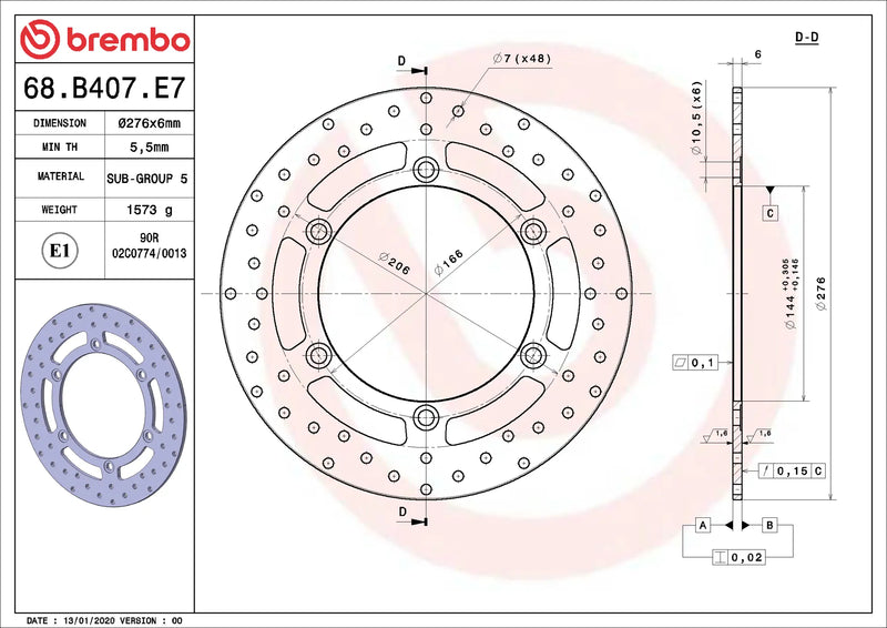 Brembo Serie Oro voorremschijf 276 x 6,0 mm 68B407E7
