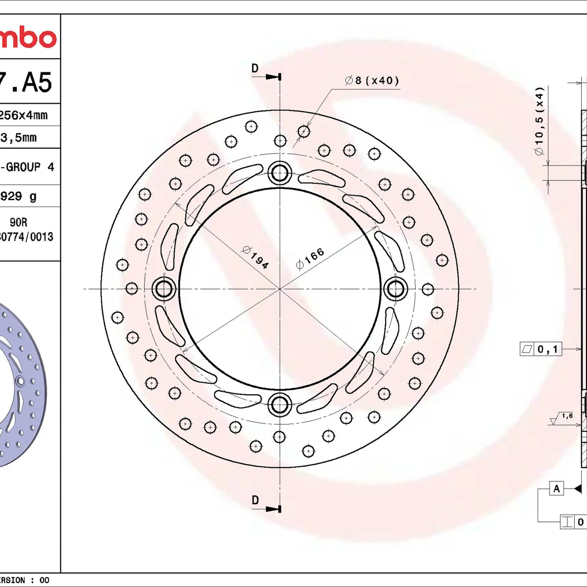 Brembo Serie Oro remschijf 256 x 4,0 mm Honda 68B407A5