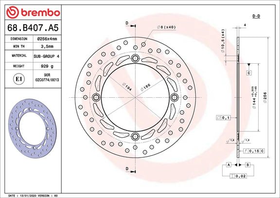 Brembo Serie Oro remschijf 256 x 4,0 mm Honda 68B407A5