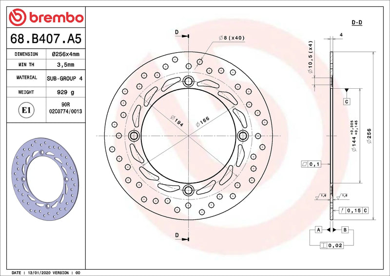 Brembo Serie Oro remschijf 256 x 4,0 mm Honda 68B407A5