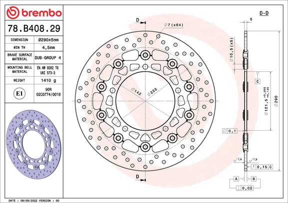 Brembo Serie Oro voorremschijf 290 x 5,0 mm 78B40829