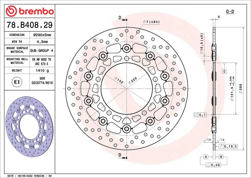 Brembo Serie Oro voorremschijf 290 x 5,0 mm 78B40829