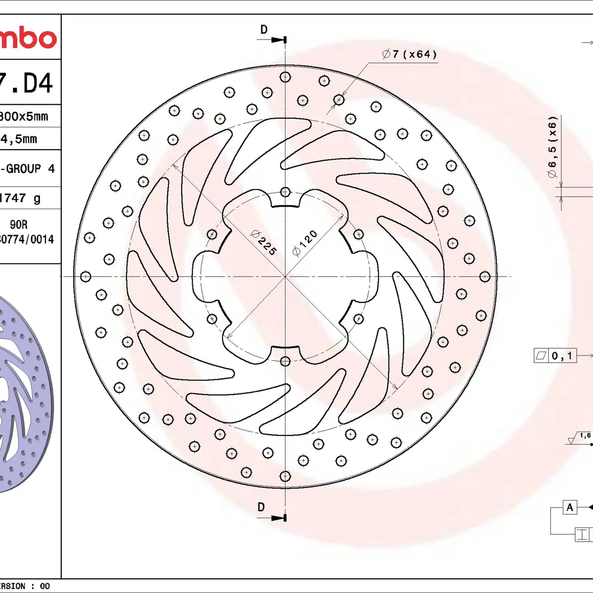 Brembo Serie Oro voorremschijf 300 x 5,0 mm Piaggio Beverly 350 Sport Touring 2012-2019