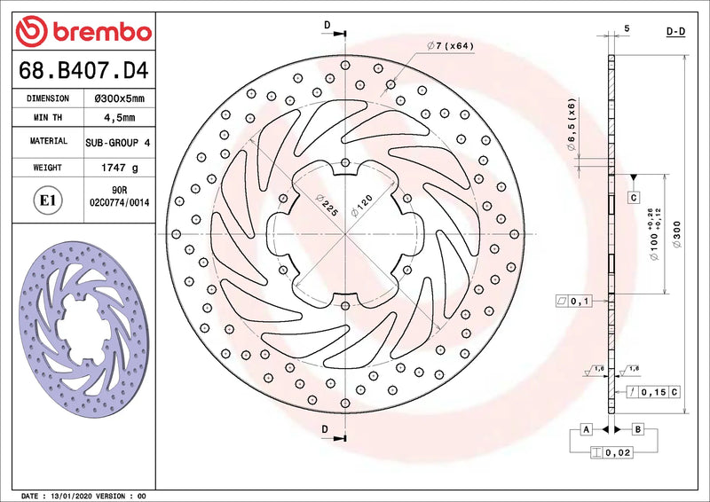 Brembo Serie Oro voorremschijf 300 x 5,0 mm Piaggio Beverly 350 Sport Touring 2012-2019