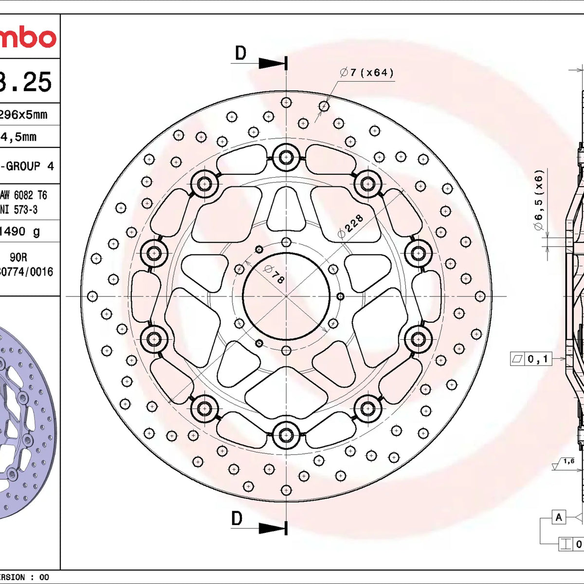 Brembo Serie Oro voorremschijf 296 x 5,0 mm Honda 78B40825