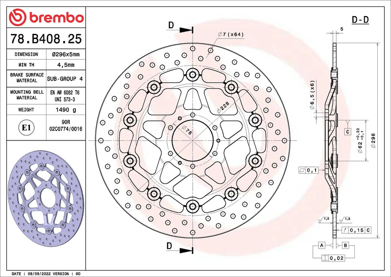 Brembo Serie Oro voorremschijf 296 x 5,0 mm Honda 78B40825