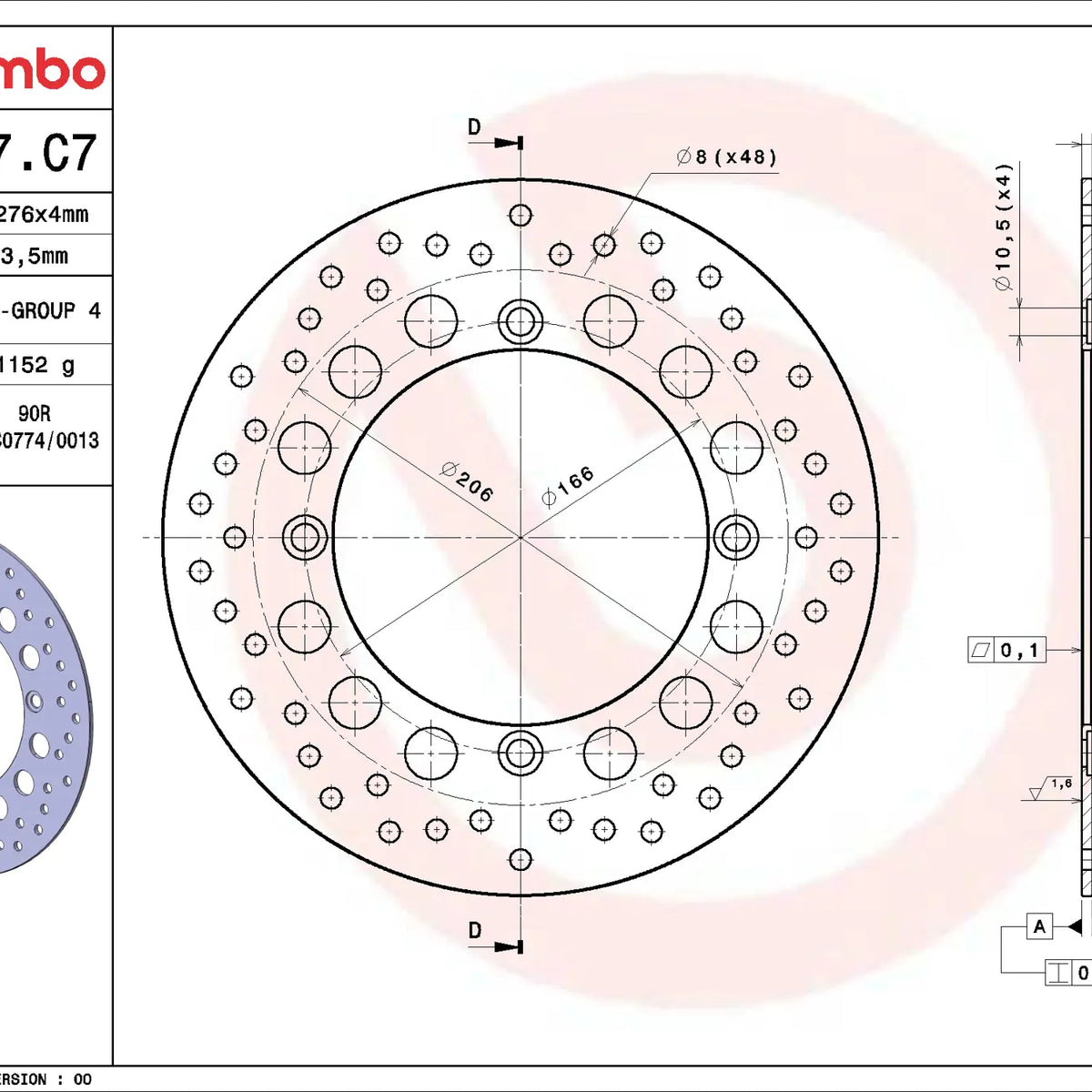 Brembo Serie Oro voorremschijf 276 x 4,0 mm Honda XRV750 Africa Twin 1990-2002