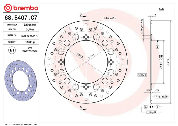 Brembo Serie Oro voorremschijf 276 x 4,0 mm Honda XRV750 Africa Twin 1990-2002