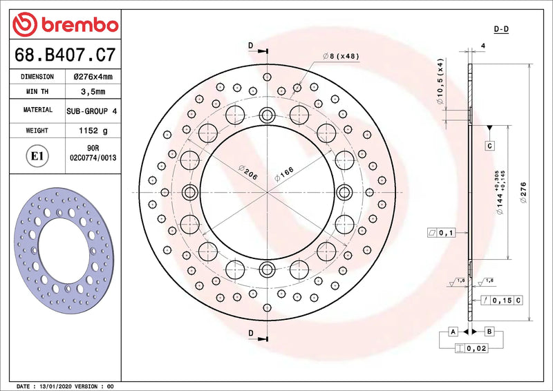 Brembo Serie Oro voorremschijf 276 x 4,0 mm Honda XRV750 Africa Twin 1990-2002