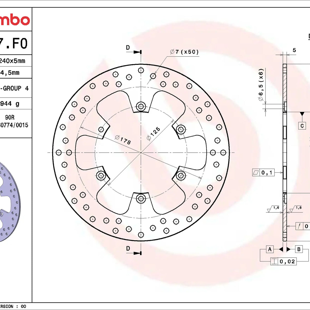 Brembo Serie Oro achterremschijf 240 x 5,0 mm 68B407F0