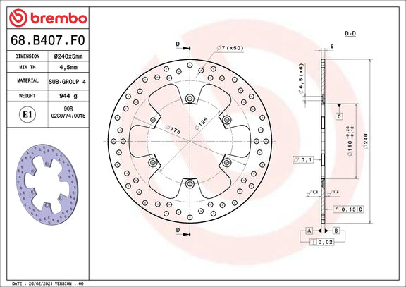 Brembo Serie Oro achterremschijf 240 x 5,0 mm 68B407F0