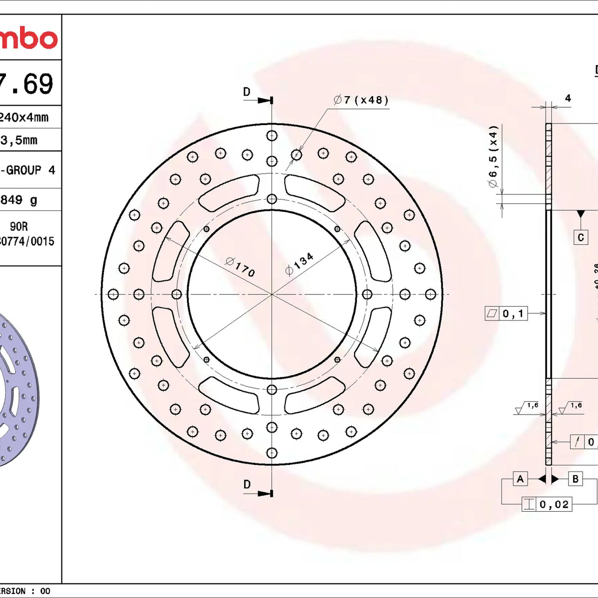 Brembo Serie Oro voorremschijf 240 x 4,0 mm Honda 68B40769