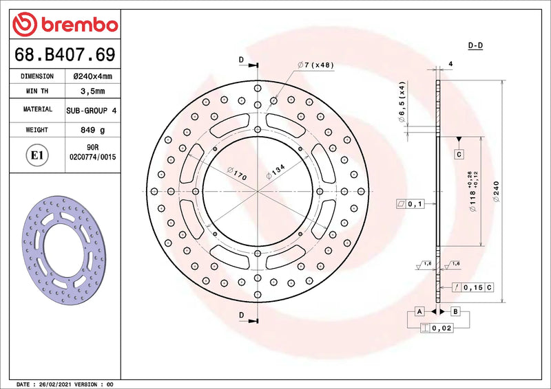 Brembo Serie Oro voorremschijf 240 x 4,0 mm Honda 68B40769