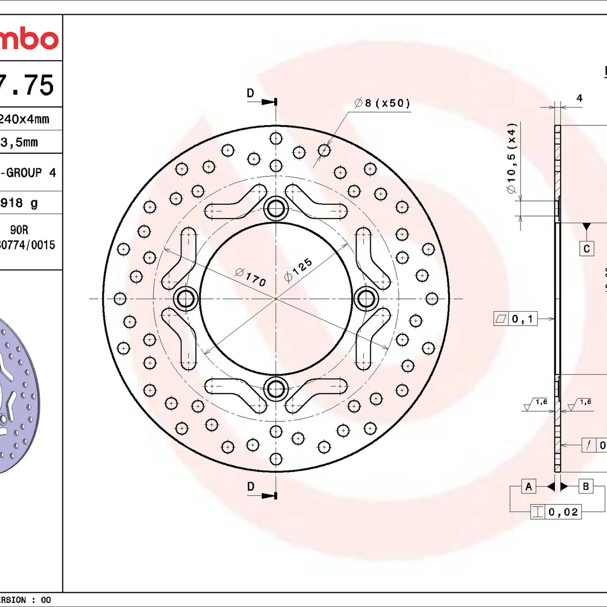 Brembo Serie Oro voorremschijf 240 x 4,0 mm Honda SH125 2010-2019