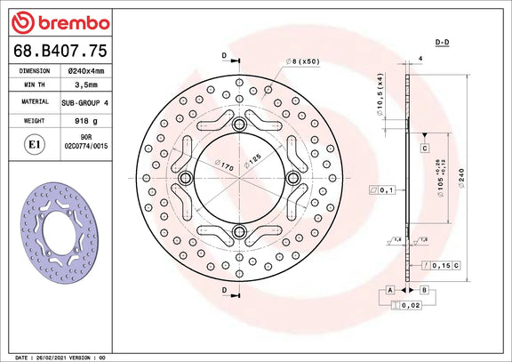 Brembo Serie Oro voorremschijf 240 x 4,0 mm Honda SH125 2010-2019