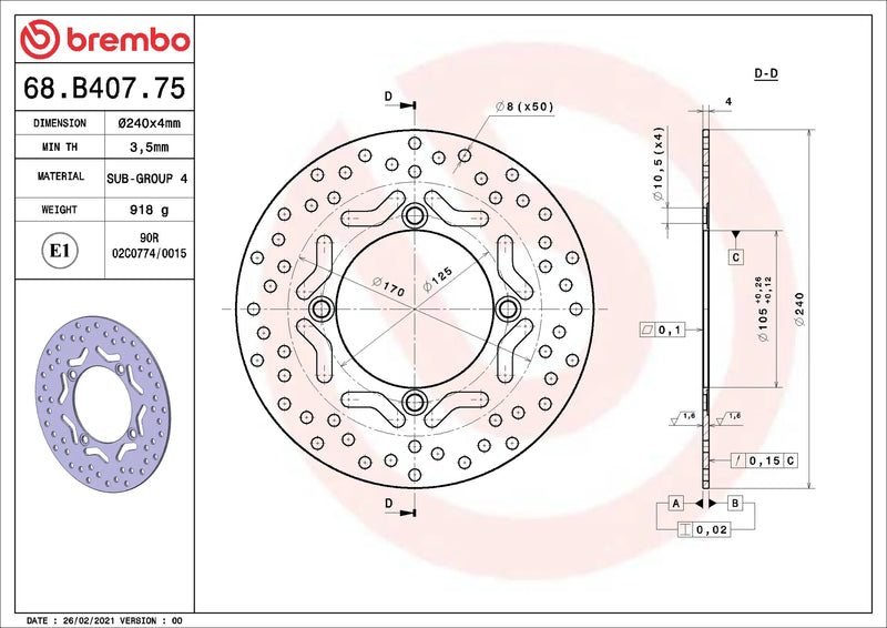 Brembo Serie Oro voorremschijf 240 x 4,0 mm Honda SH125 2010-2019