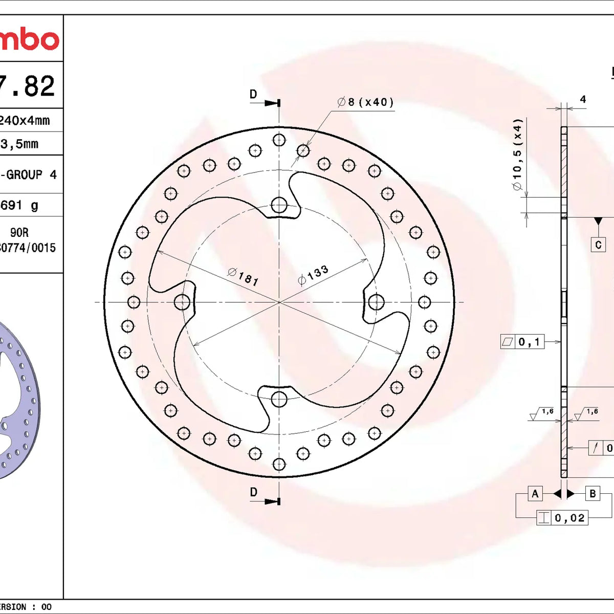 Brembo Serie Oro achterremschijf 240 x 4,0 mm 68B40782