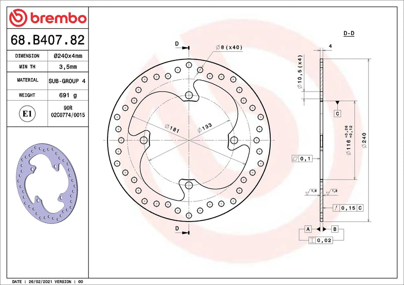 Brembo Serie Oro achterremschijf 240 x 4,0 mm 68B40782