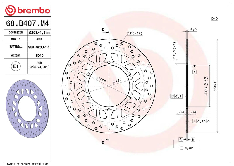 Brembo Serie Oro voorremschijf 298 x 4,5 mm Yamaha WR125X 2011-2013