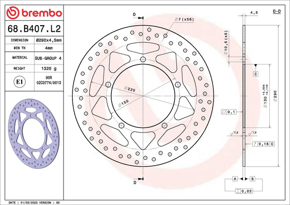 Brembo Serie Oro voorremschijf 290 x 4,5 mm Kawasaki 68B407L2