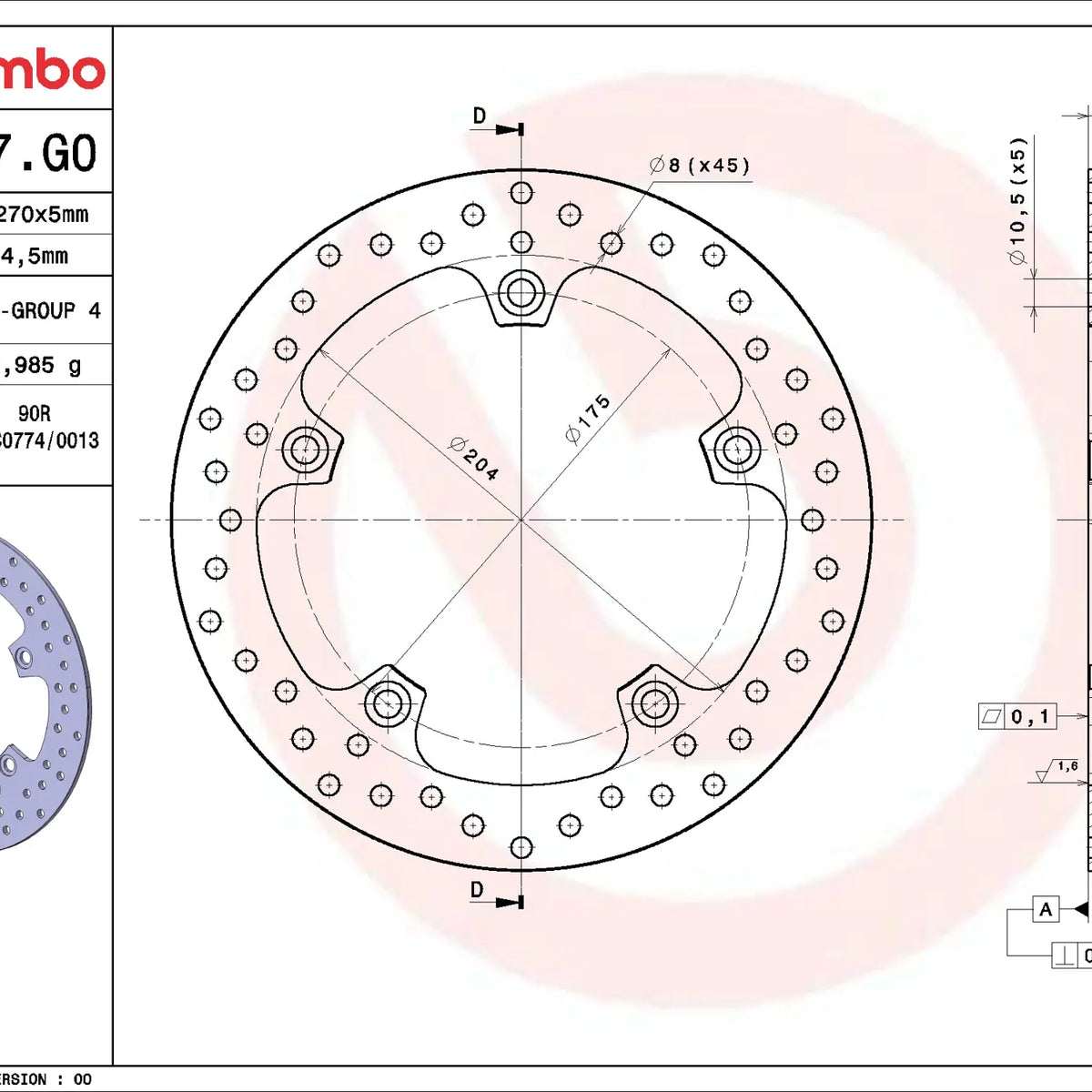 Brembo Serie Oro remschijf 270 x 5,0 mm BMW 68B407G0