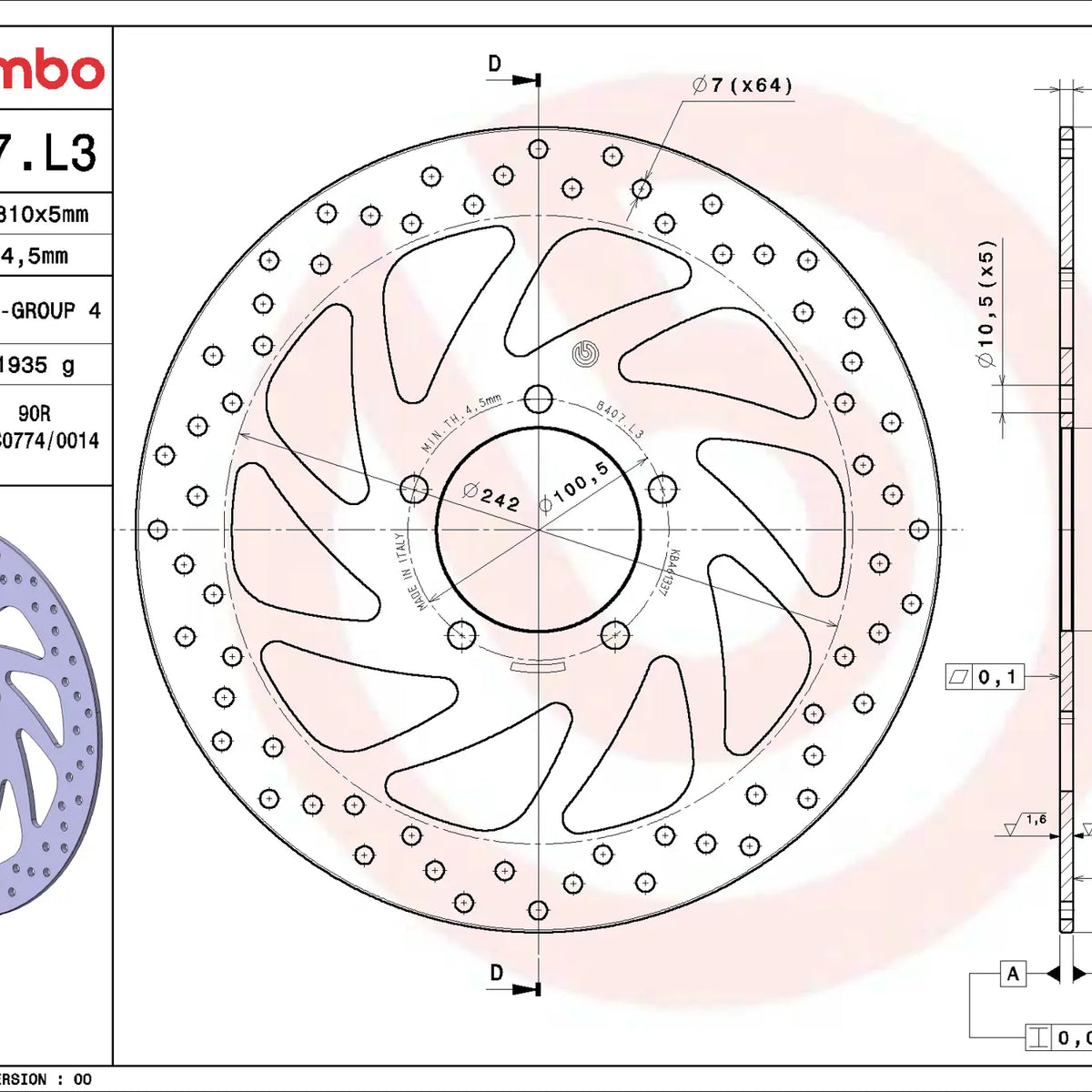 Brembo Serie Oro voorremschijf 310 x 5,0 mm 68B407L3