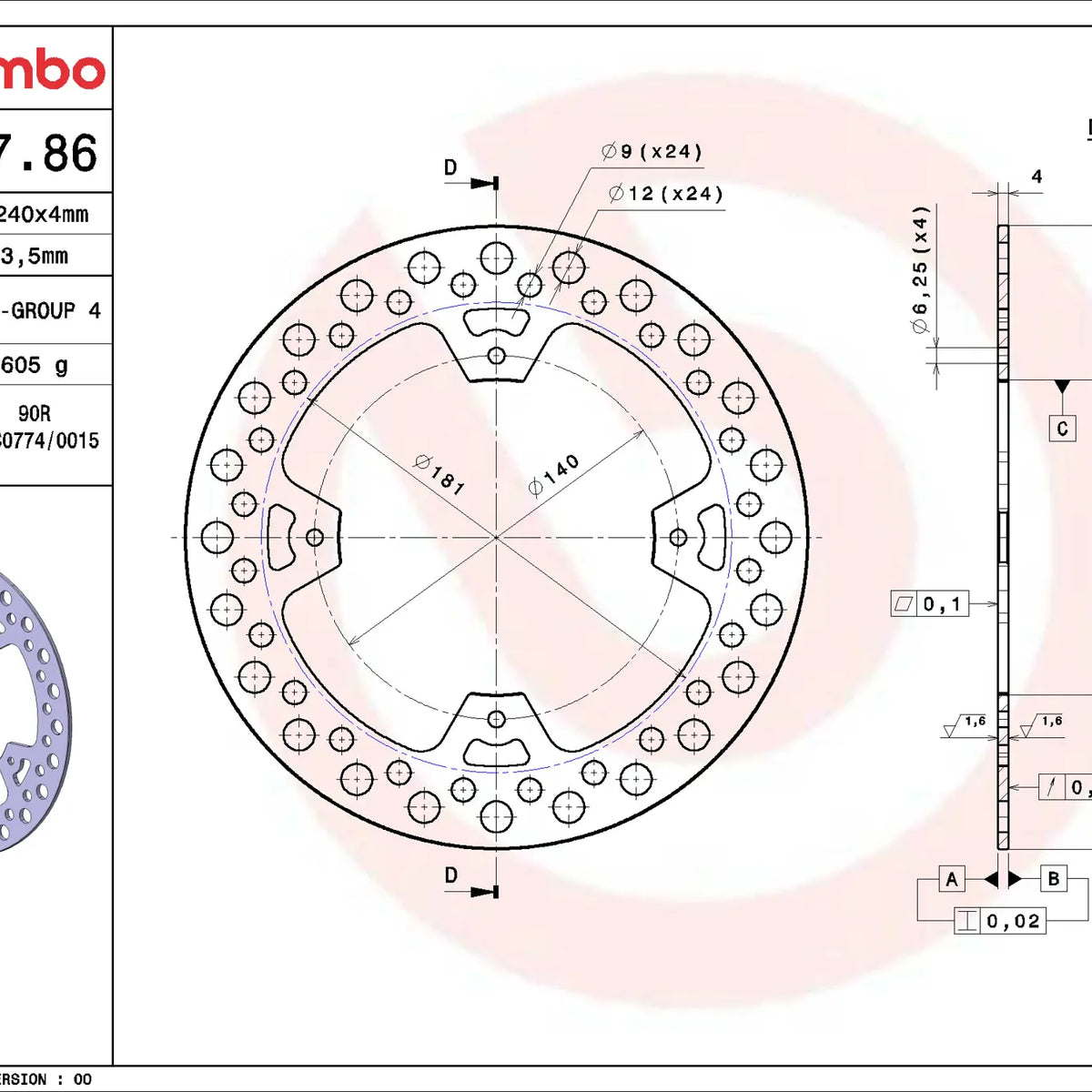 Brembo Serie Oro achterremschijf 240 x 4,0 mm Honda 68B40786