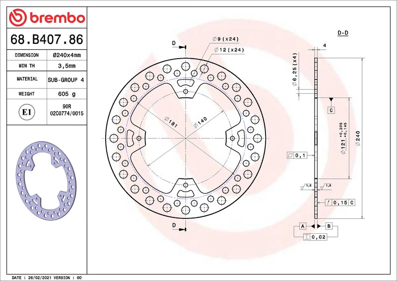 Brembo Serie Oro achterremschijf 240 x 4,0 mm Honda 68B40786